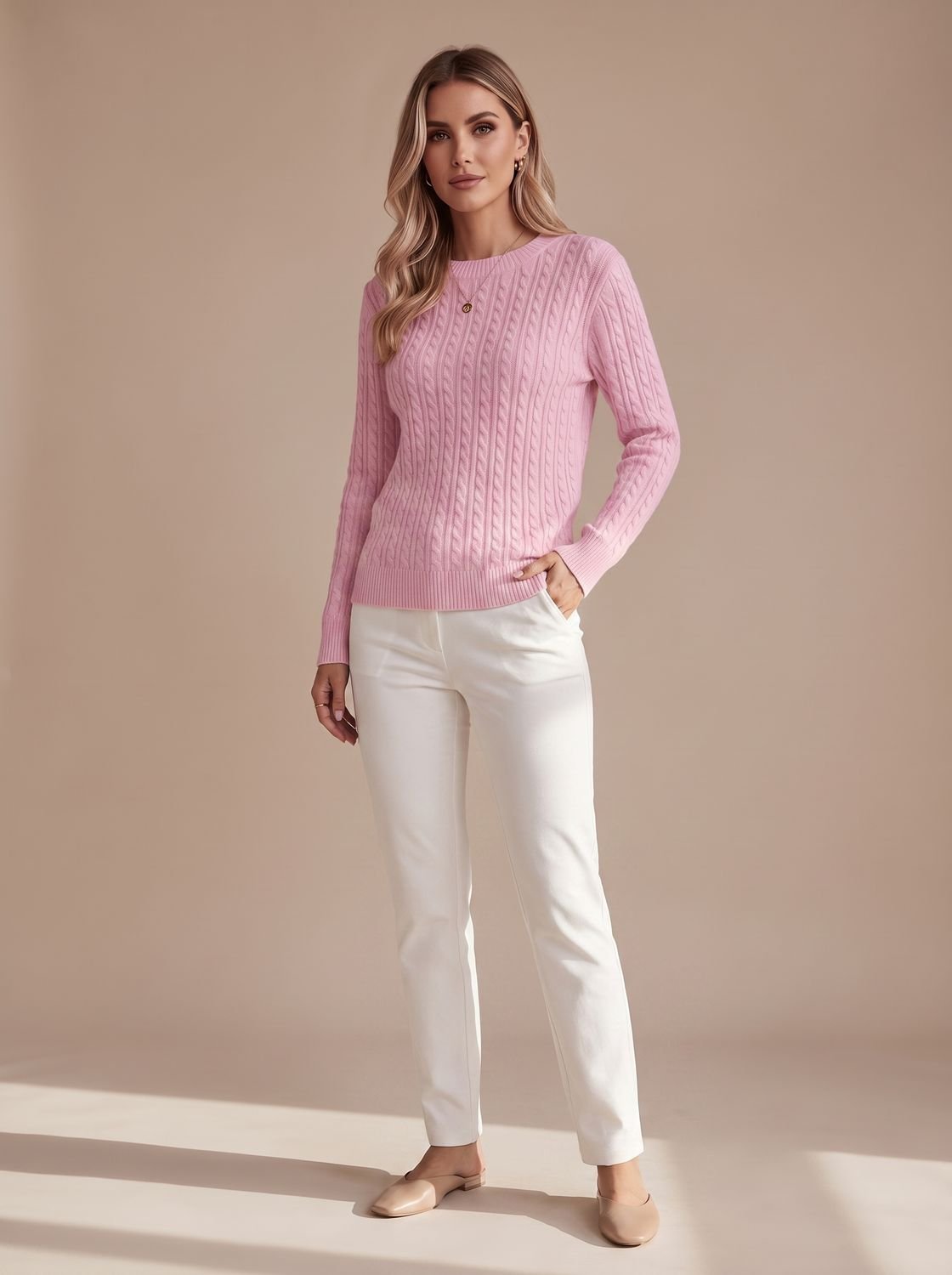 Women's Hip-Length Cable-Knit Crew Neck Jumper Relaxed Fit