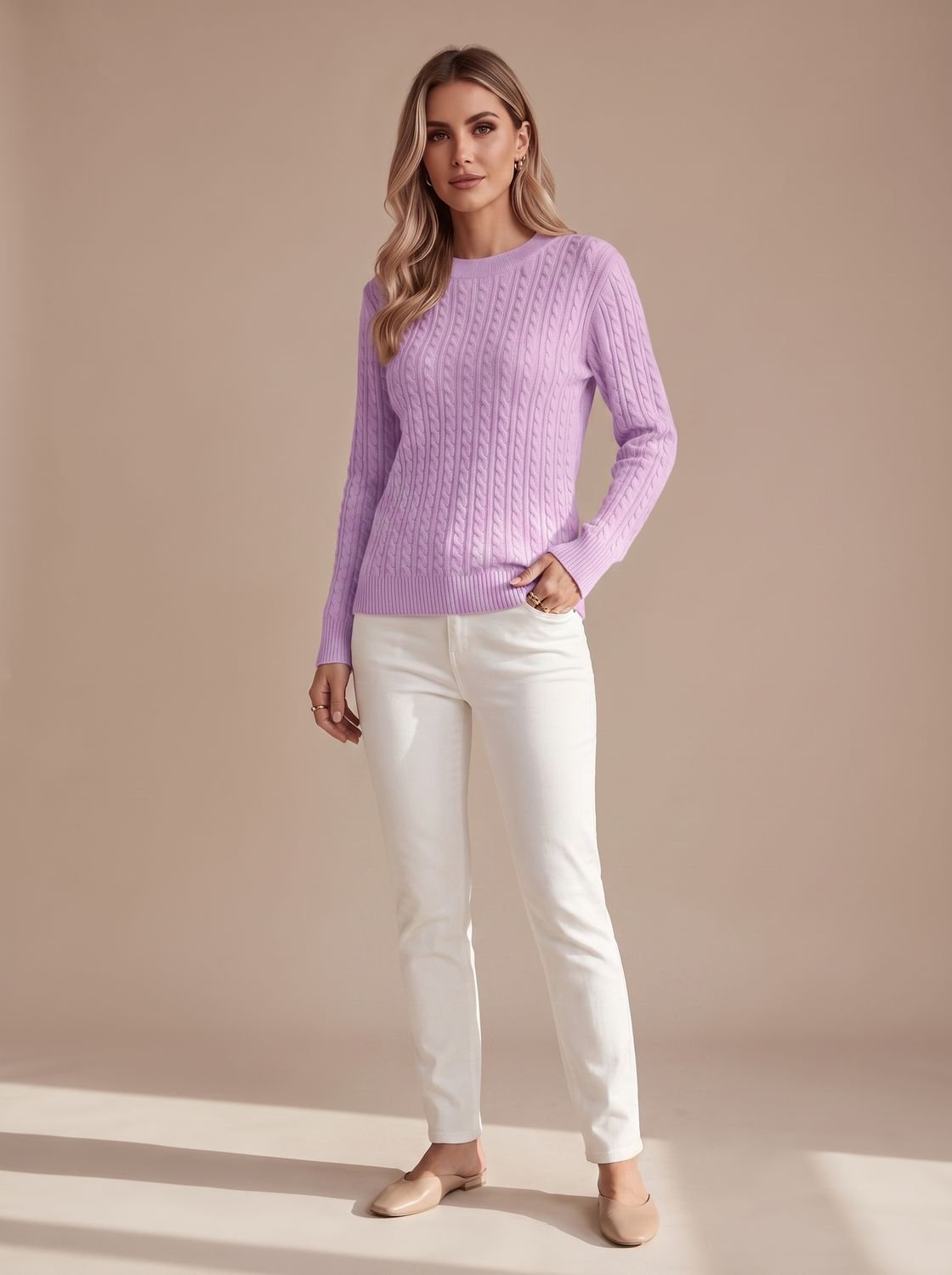 Women's Hip-Length Cable-Knit Crew Neck Jumper Relaxed Fit – Purple