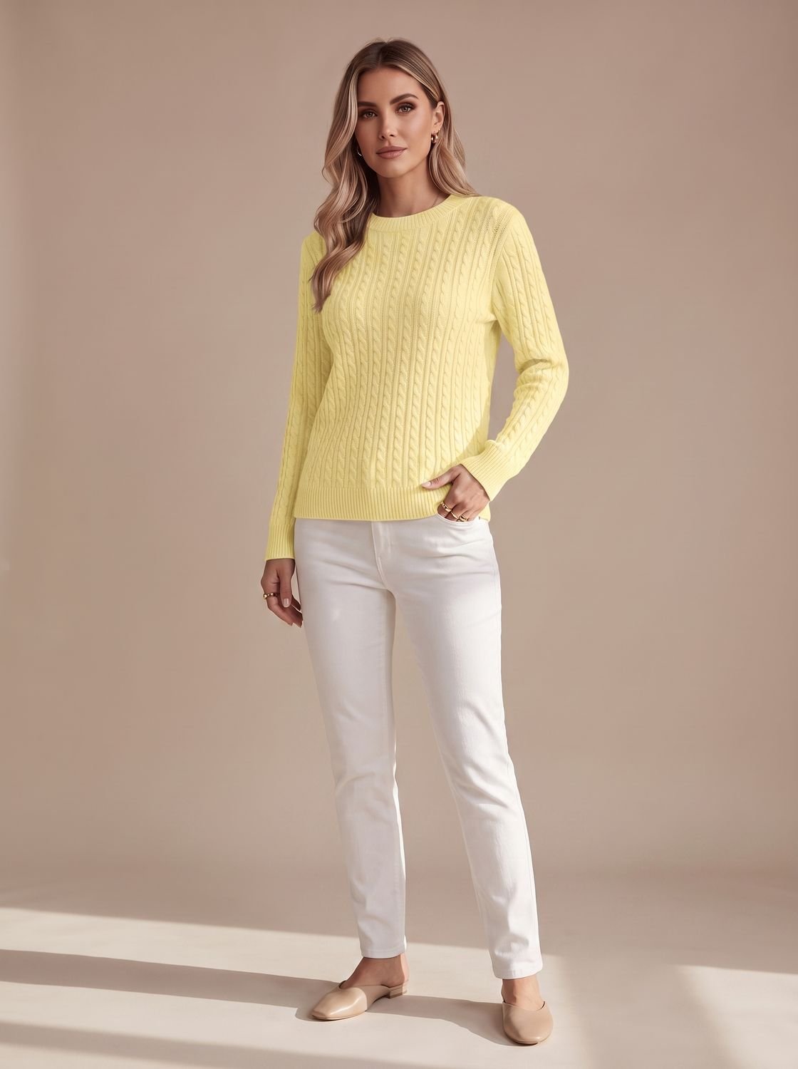 Women's Hip-Length Cable-Knit Crew Neck Jumper Relaxed Fit – Yellow