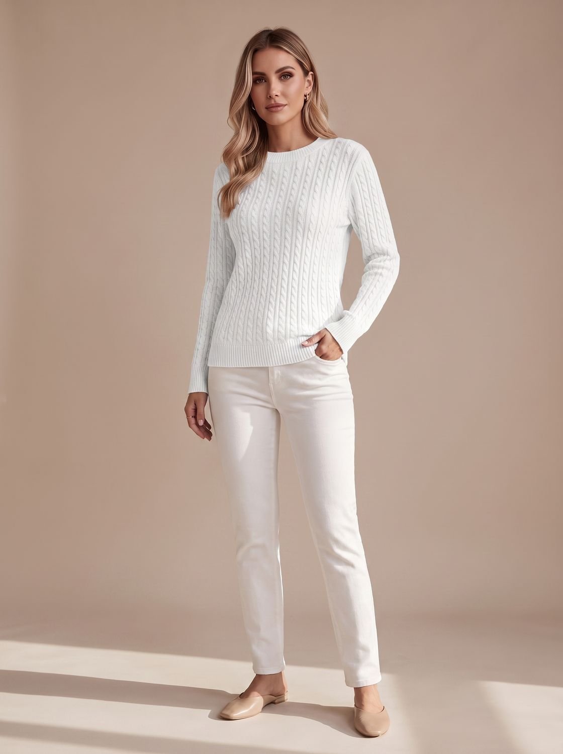 Women's Hip-Length Cable-Knit Crew Neck Jumper Relaxed Fit – White