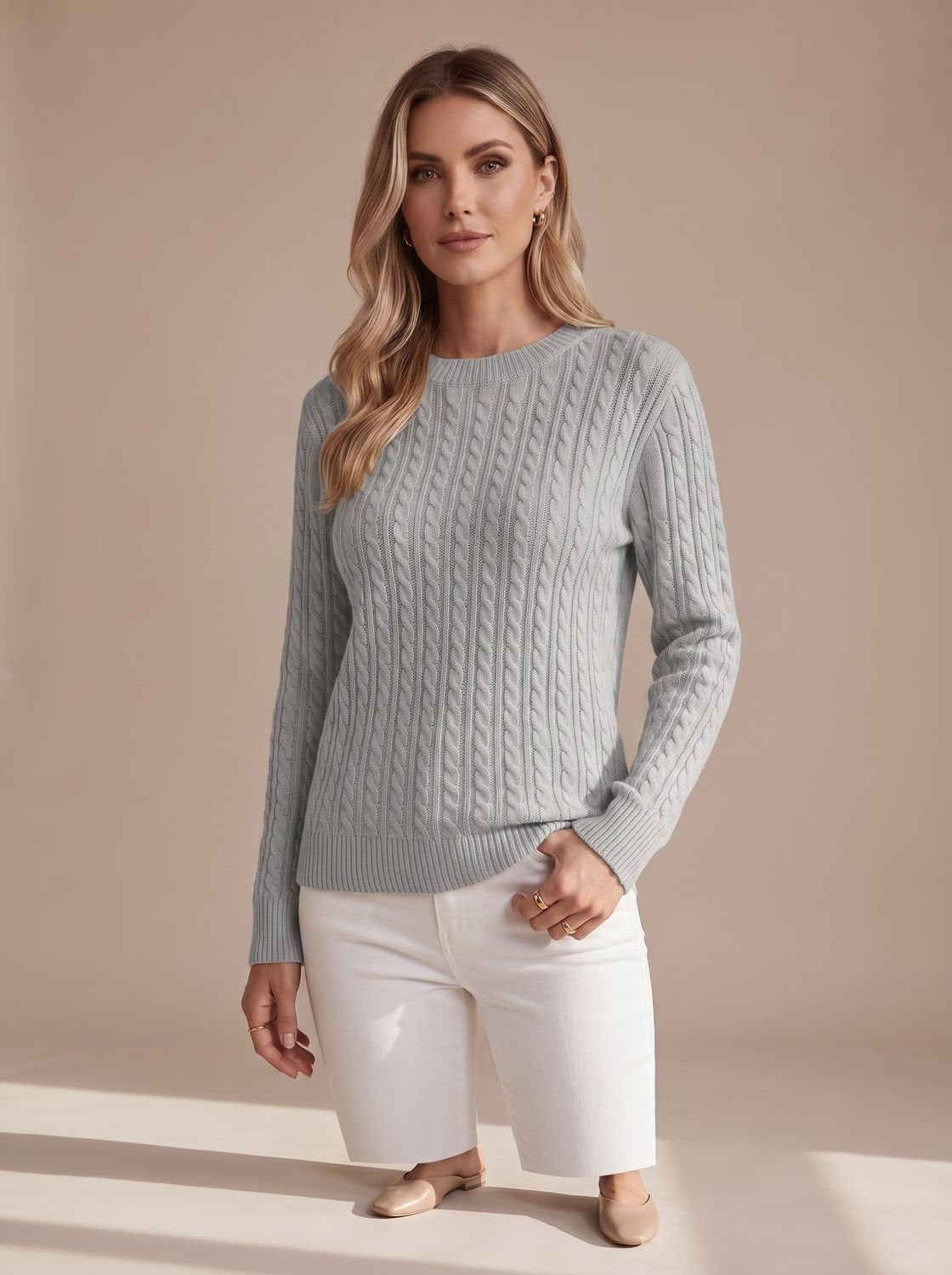 Women's Hip-Length Cable-Knit Crew Neck Jumper Relaxed Fit – Grey