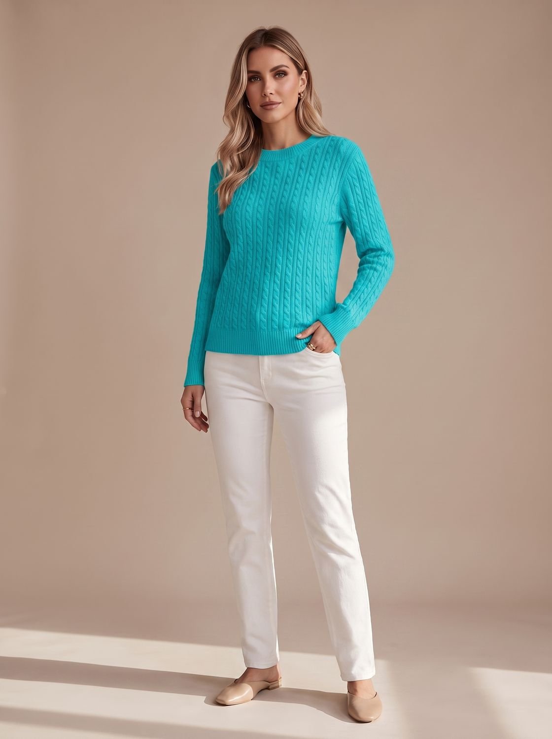 Women's Hip-Length Cable-Knit Crew Neck Jumper Relaxed Fit – Teal