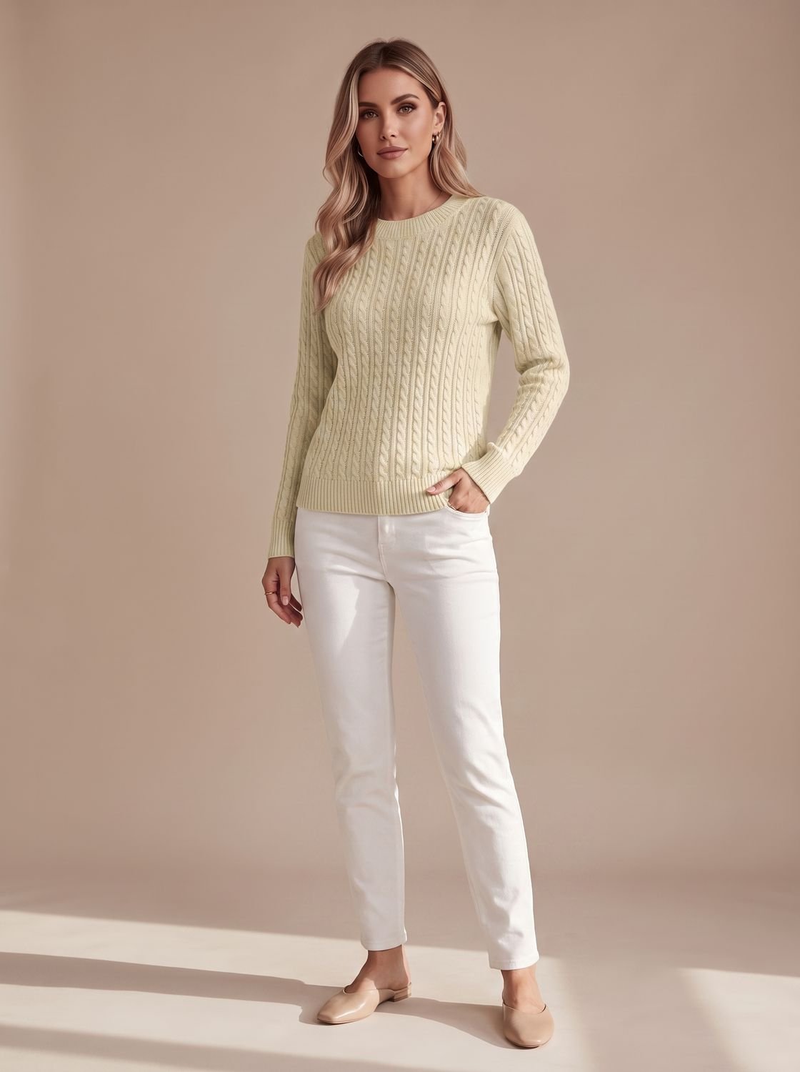Women's Hip-Length Cable-Knit Crew Neck Jumper Relaxed Fit – Khaki