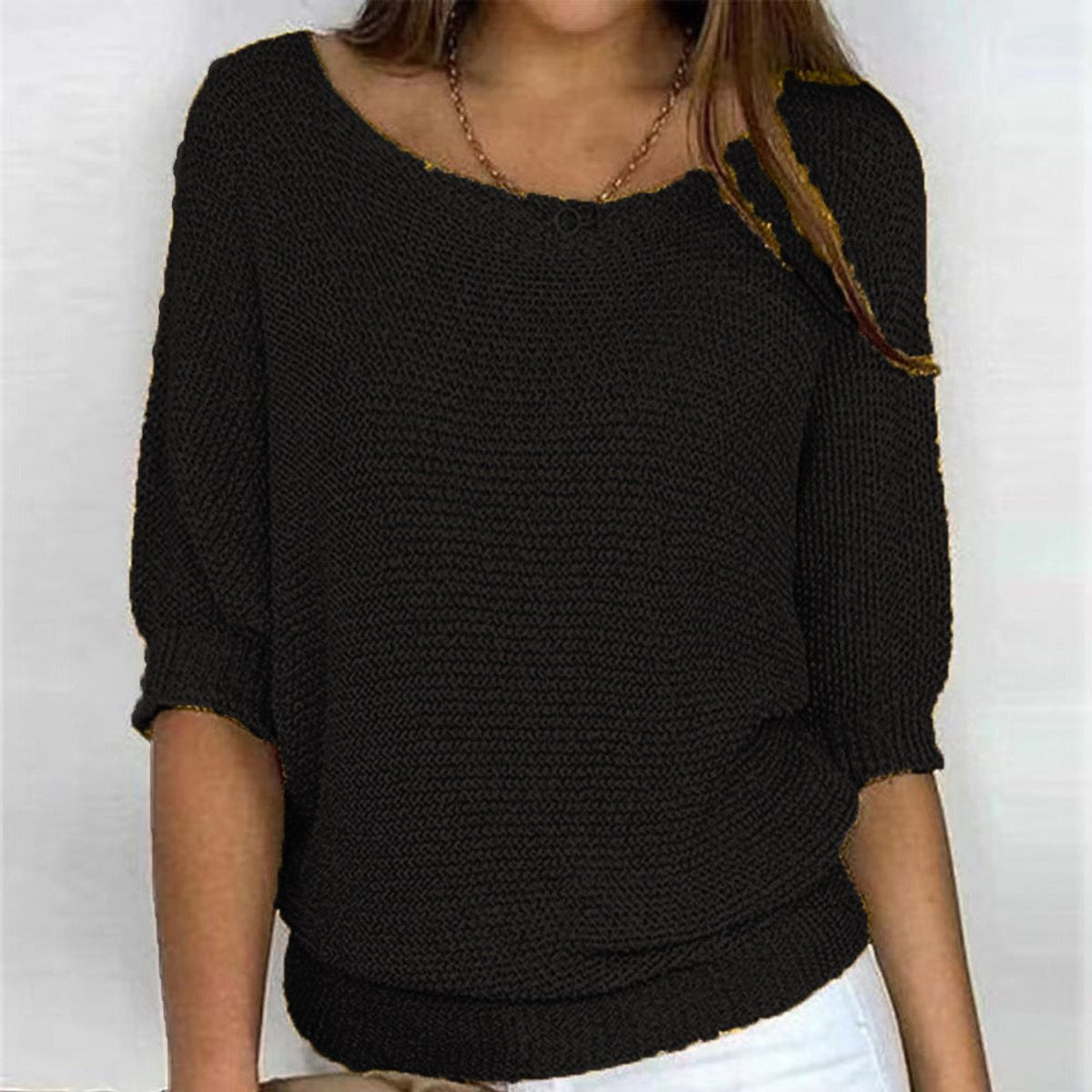 Women's Batwing Knit Jumper with Ribbed Waist Hem – Black