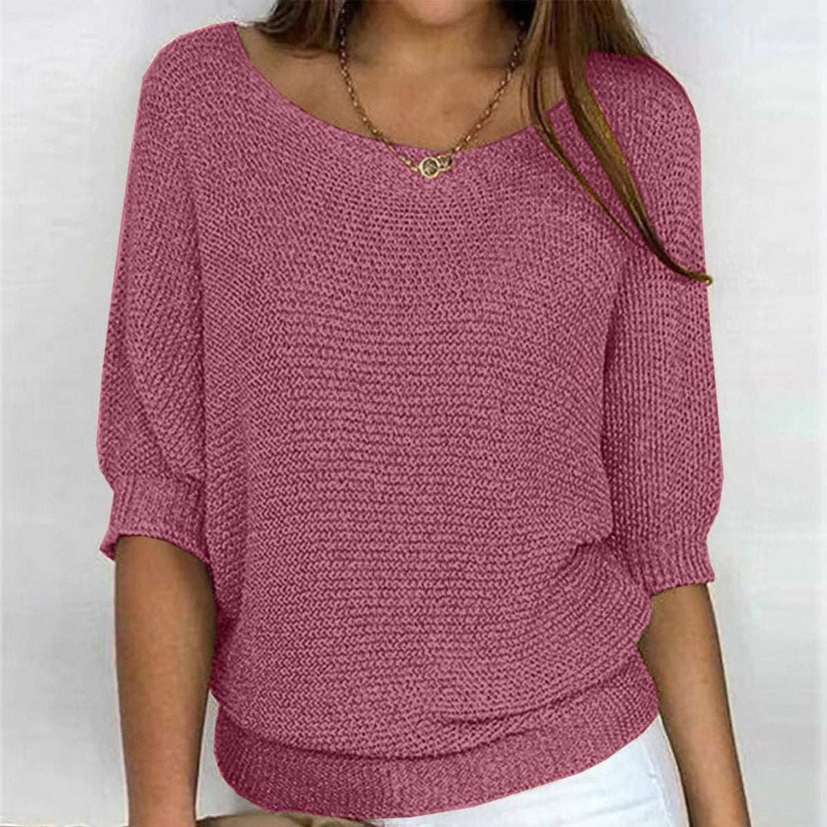 Women's Batwing Knit Jumper with Ribbed Waist Hem – Pink