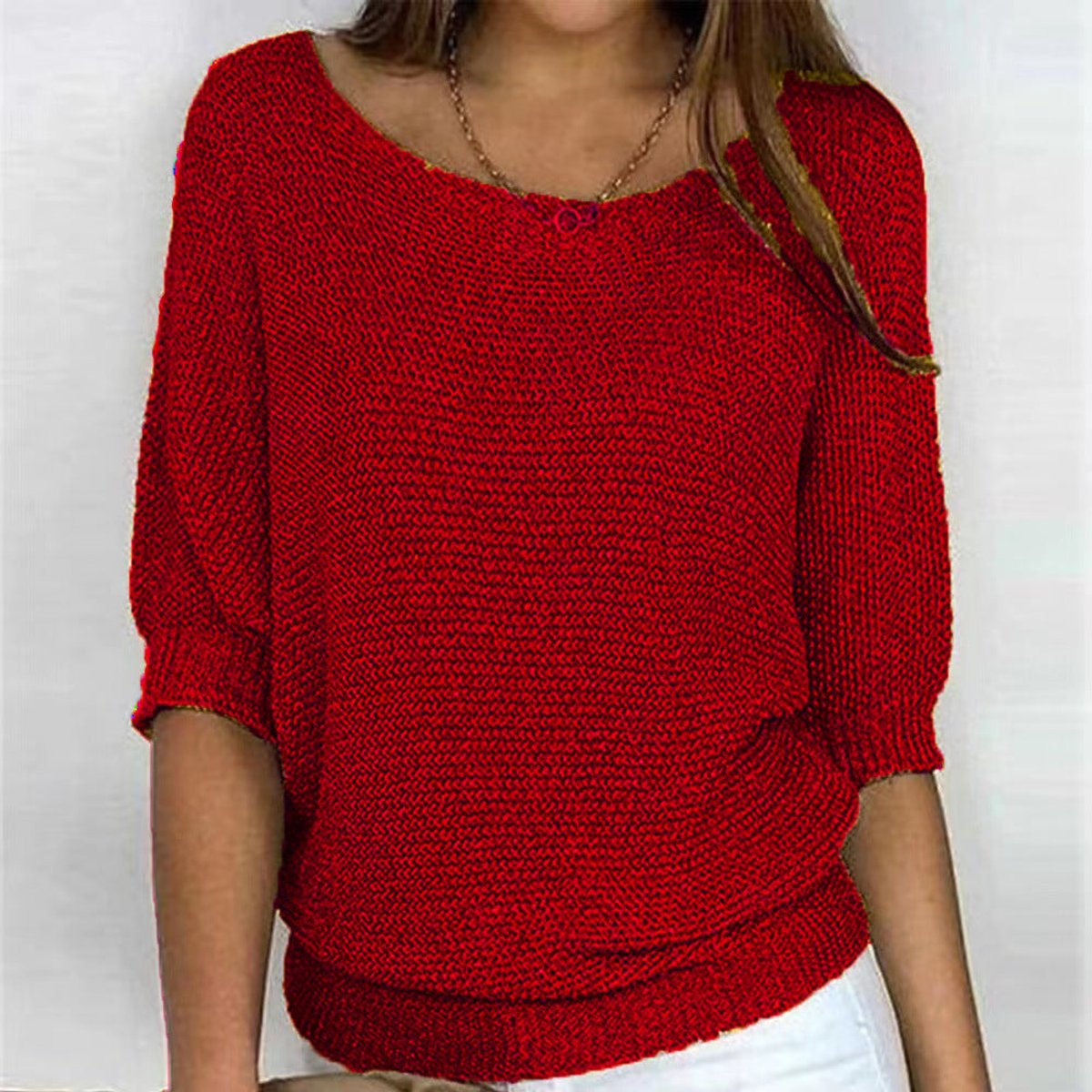 Women's Batwing Knit Jumper with Ribbed Waist Hem – Red