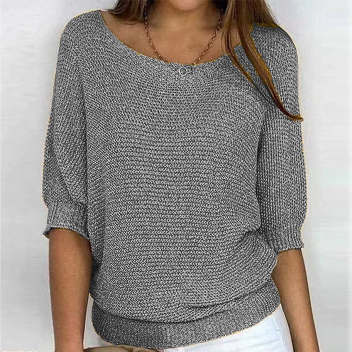Women's Batwing Knit Jumper with Ribbed Waist Hem – Grey