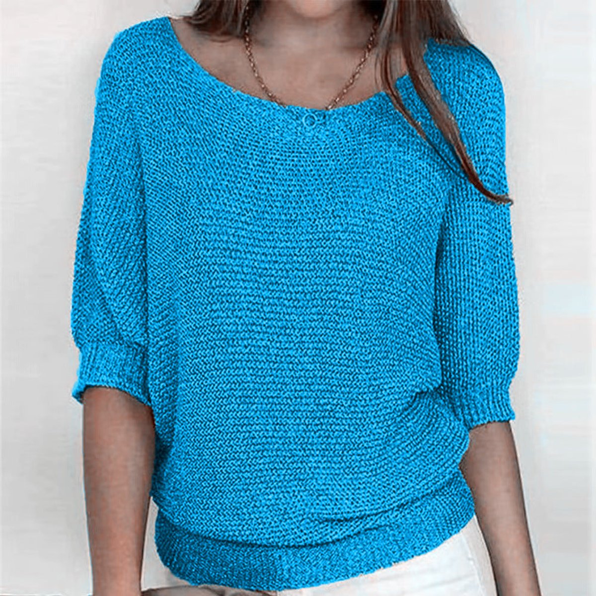 Women's Batwing Knit Jumper with Ribbed Waist Hem – Light Blue