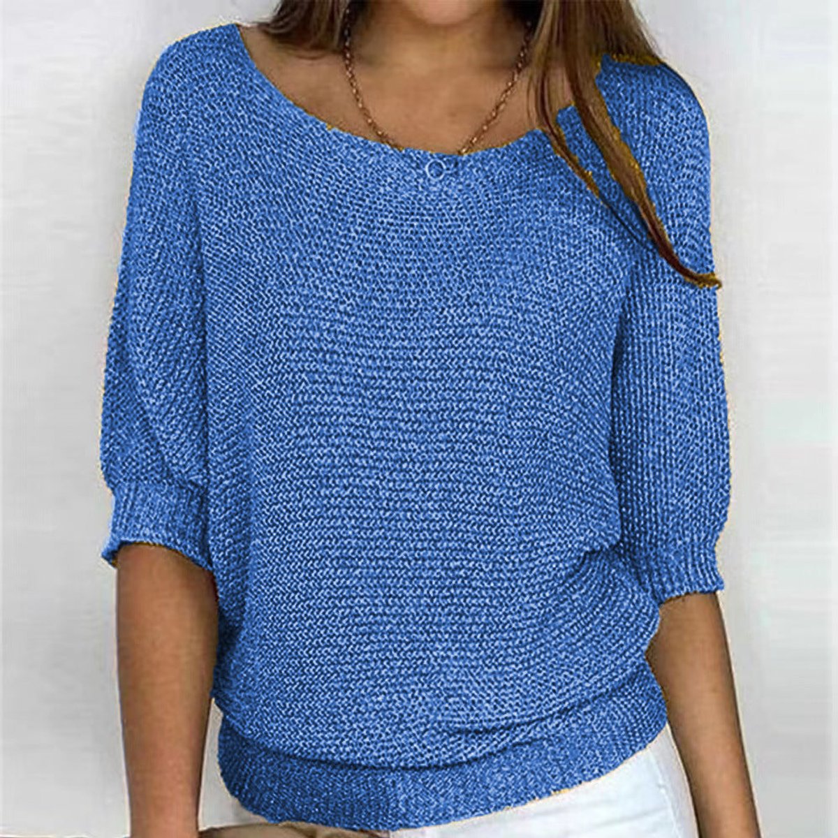 Women's Batwing Knit Jumper with Ribbed Waist Hem – Blue