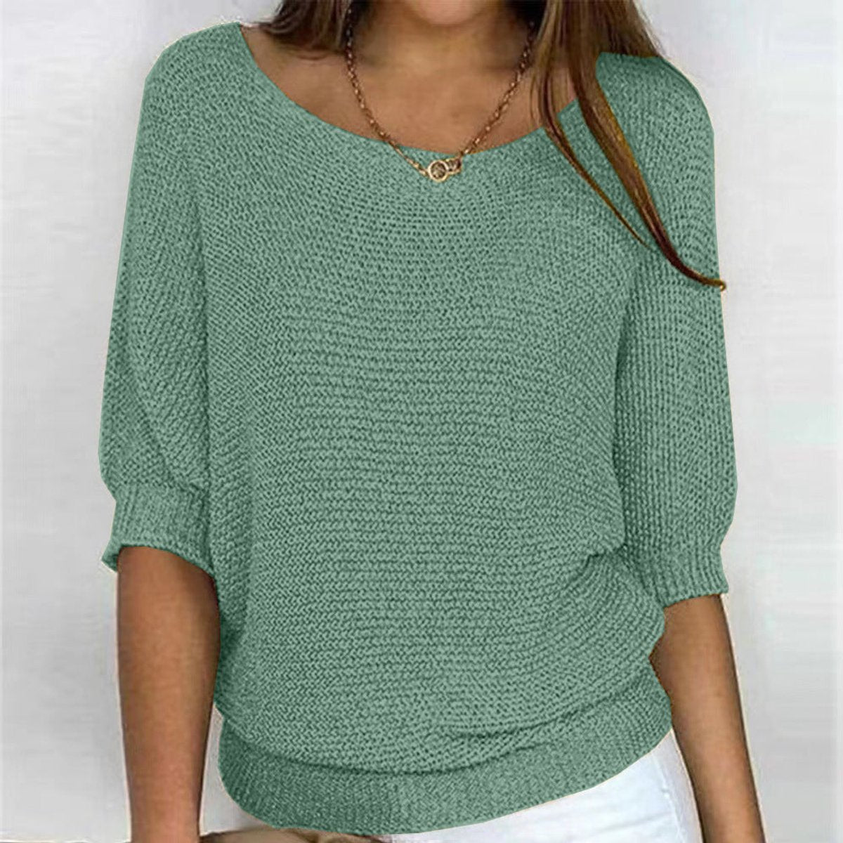 Women's Batwing Knit Jumper with Ribbed Waist Hem – Dark Green