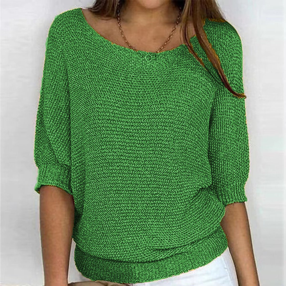 Women's Batwing Knit Jumper with Ribbed Waist Hem – Green