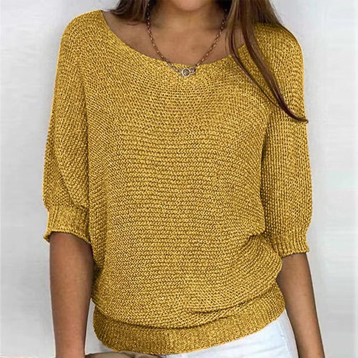 Women's Batwing Knit Jumper with Ribbed Waist Hem – Yellow