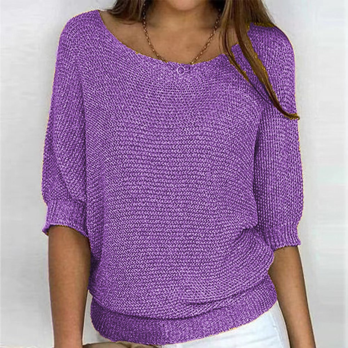 Women's Batwing Knit Jumper with Ribbed Waist Hem – Purple