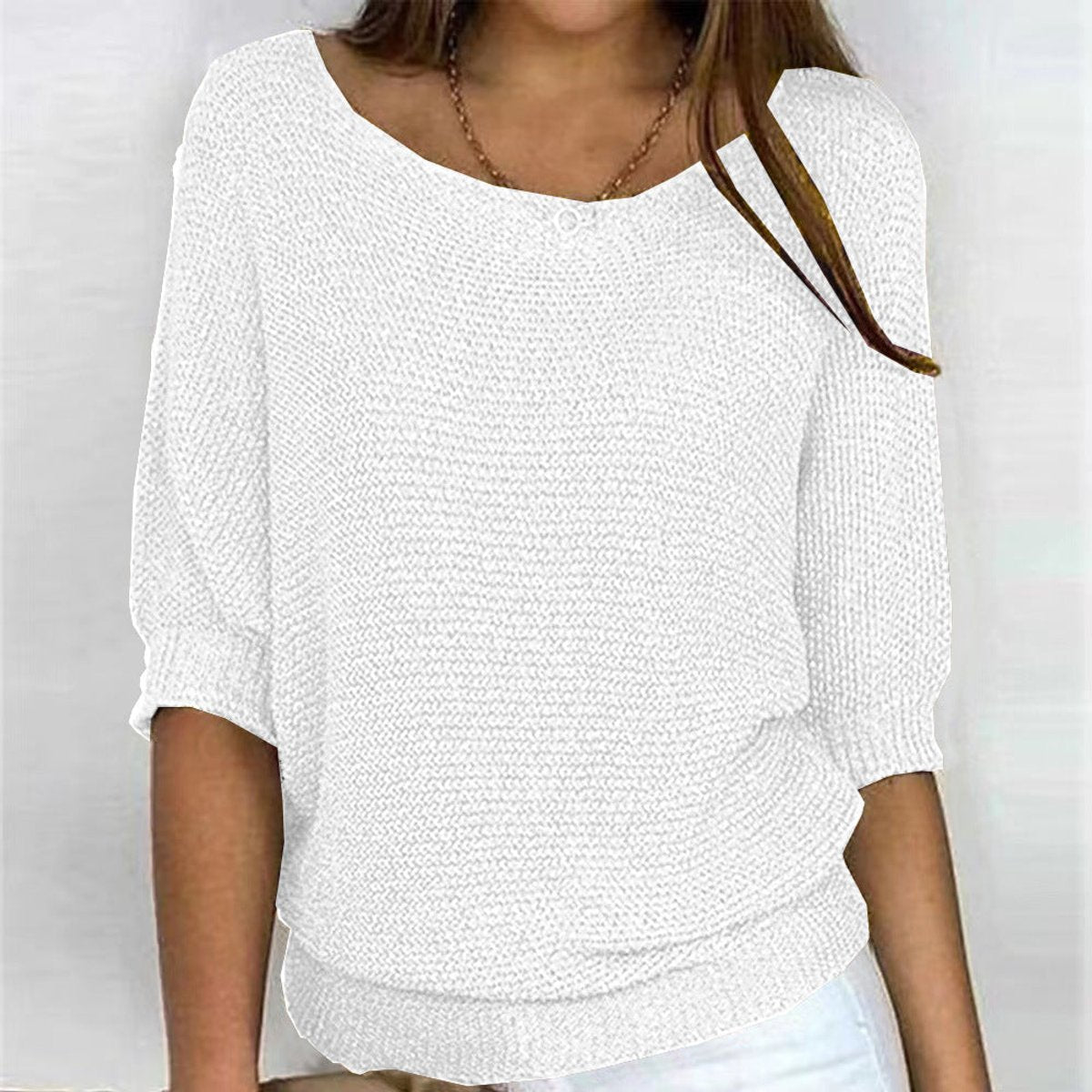 Women's Batwing Knit Jumper with Ribbed Waist Hem – White