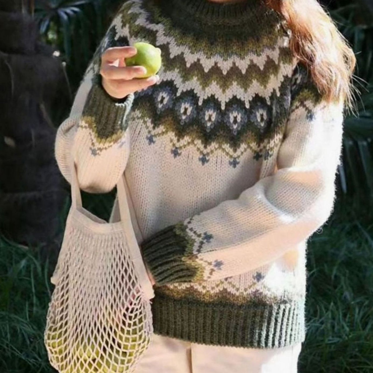 Women's Oversized Fair Isle Yoke Jumper for Winter – Green