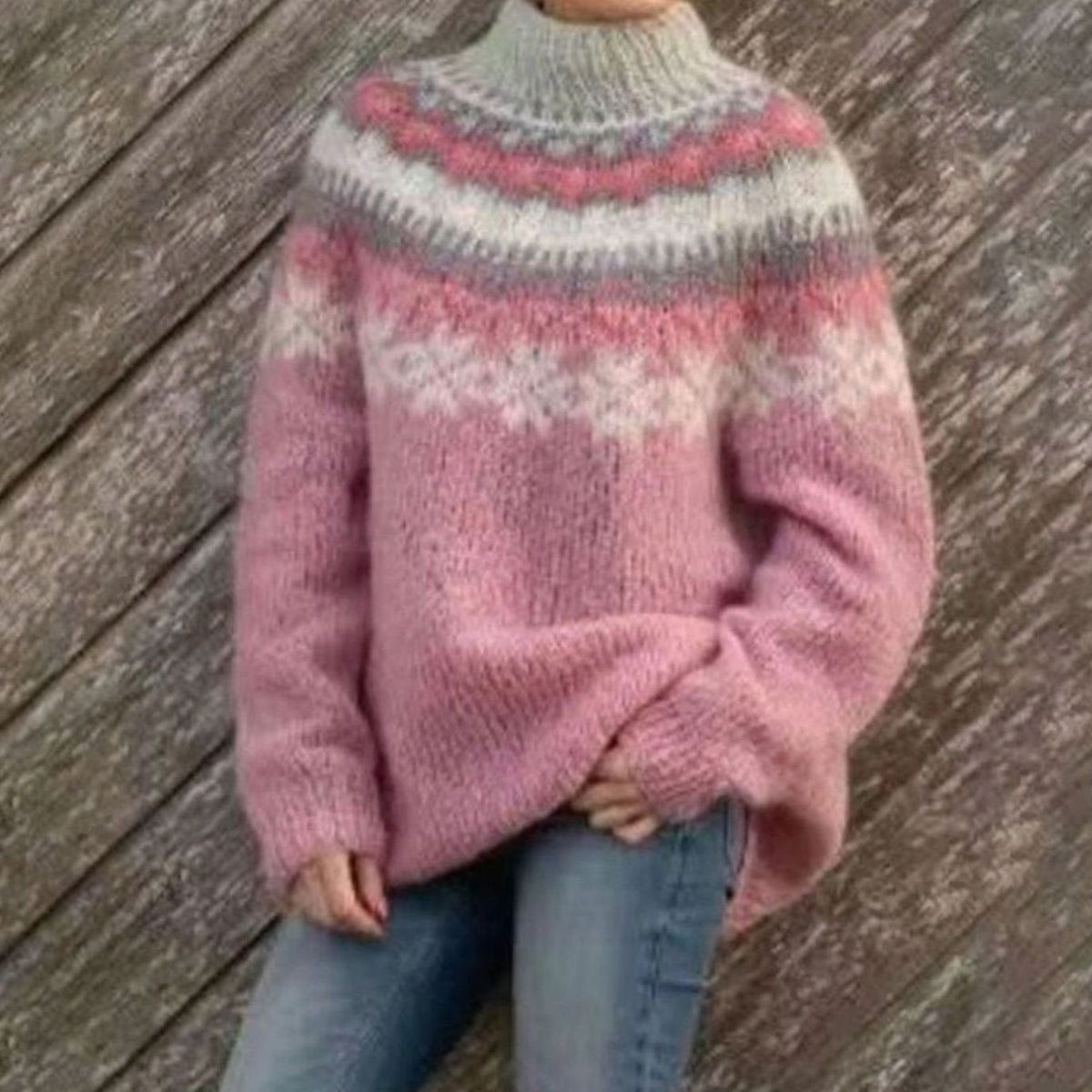 Women's Oversized Fair Isle Yoke Jumper for Winter – Pink