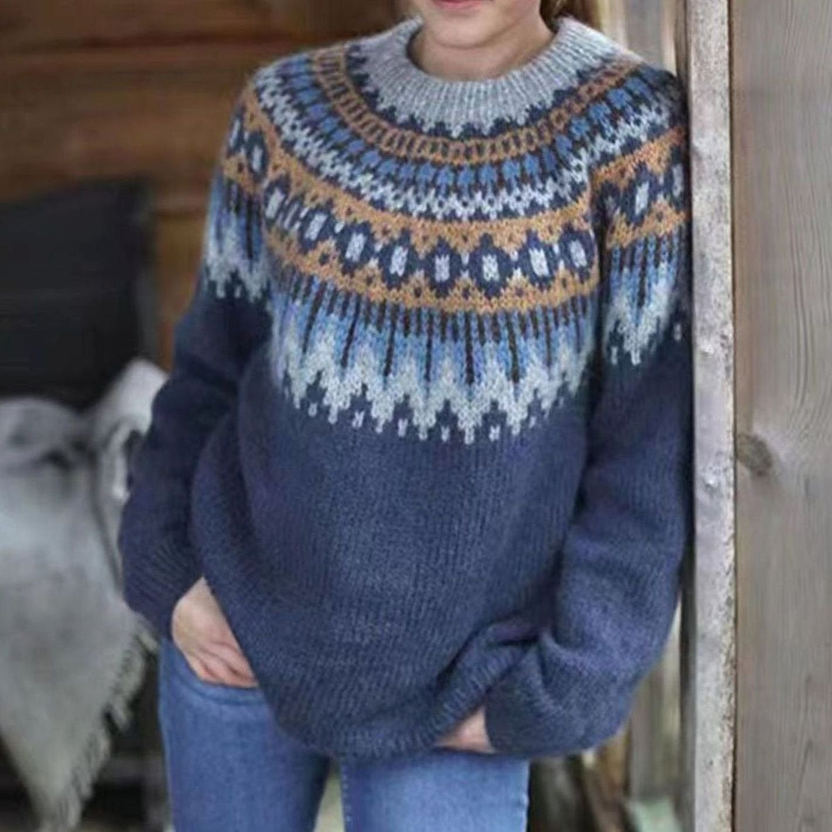 Women's Oversized Fair Isle Yoke Jumper for Winter – Grey