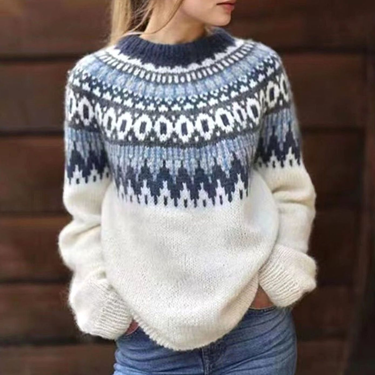 Women's Oversized Fair Isle Yoke Jumper for Winter – White
