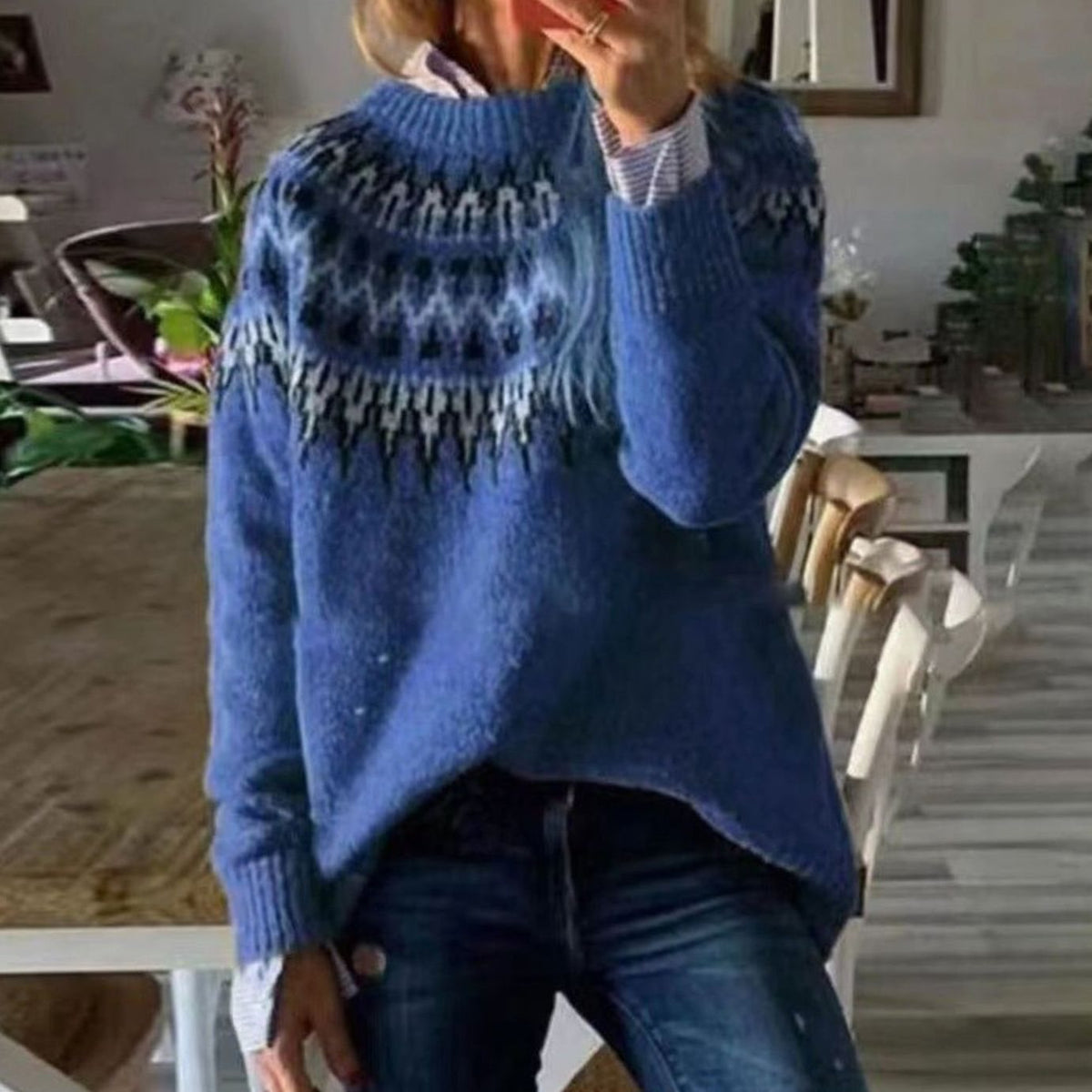Women's Oversized Fair Isle Yoke Jumper for Winter – Blue