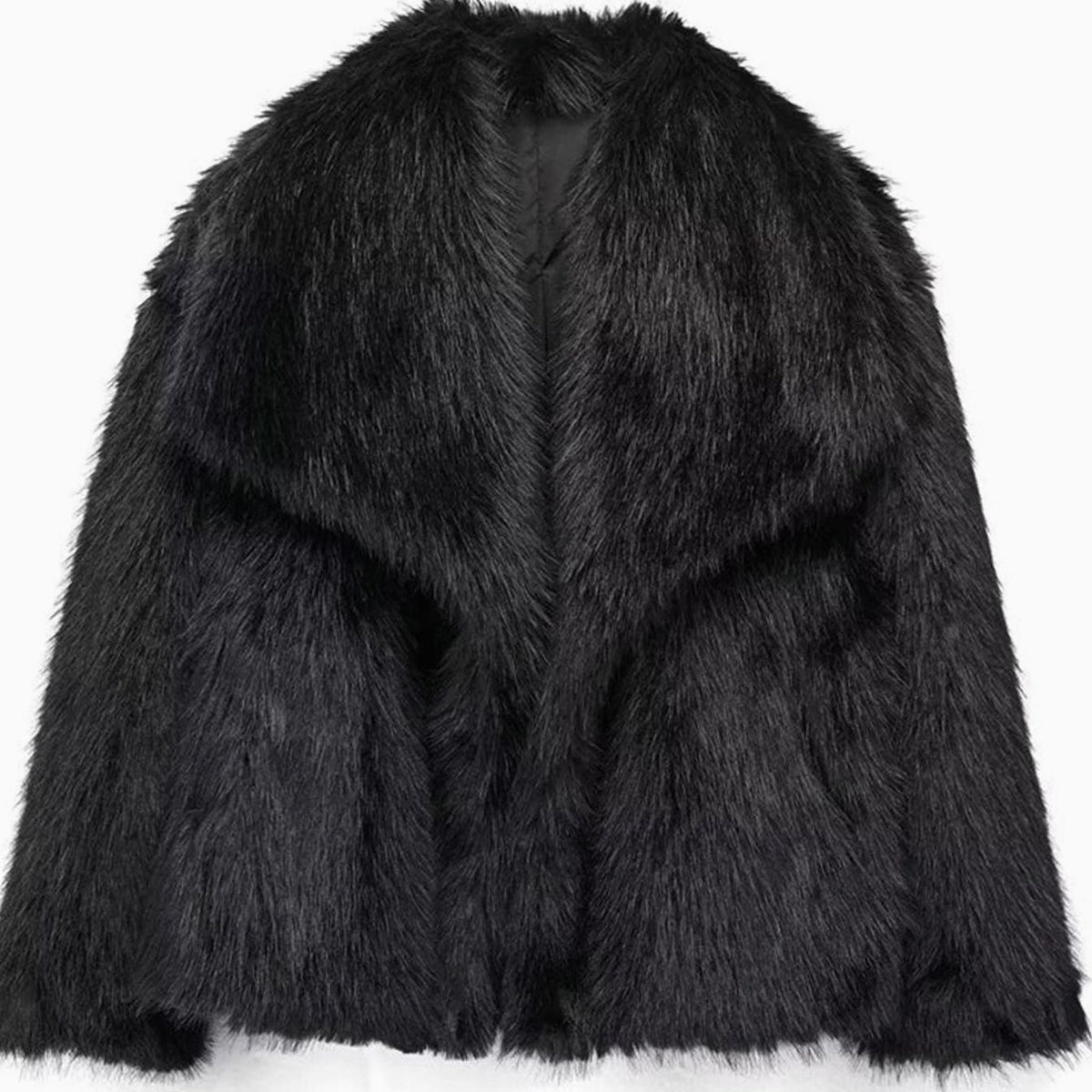 Women's Plush Faux Fur Jacket Open Front Relaxed – Black