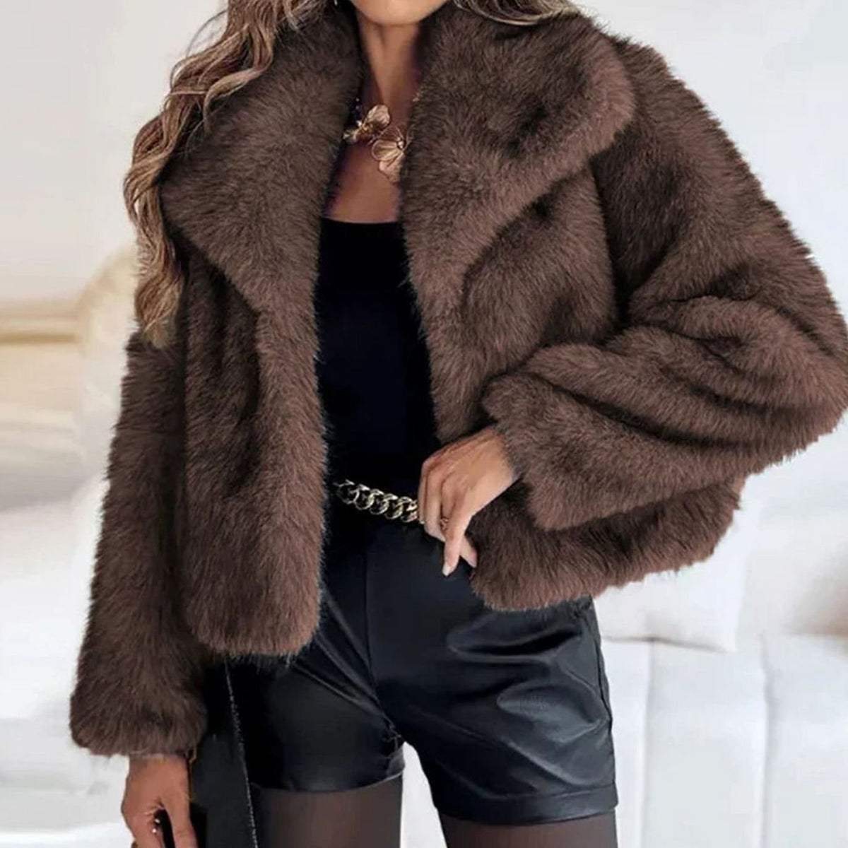 Women's Plush Faux Fur Jacket Open Front Relaxed – Brown
