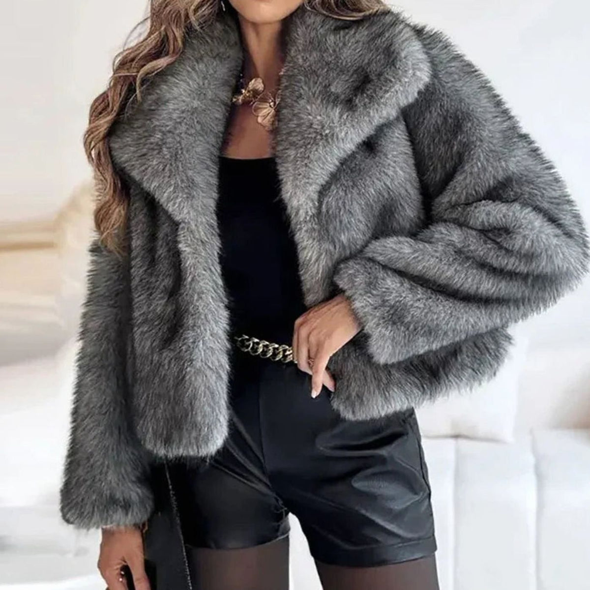 Women's Plush Faux Fur Jacket Open Front Relaxed – Dark Grey