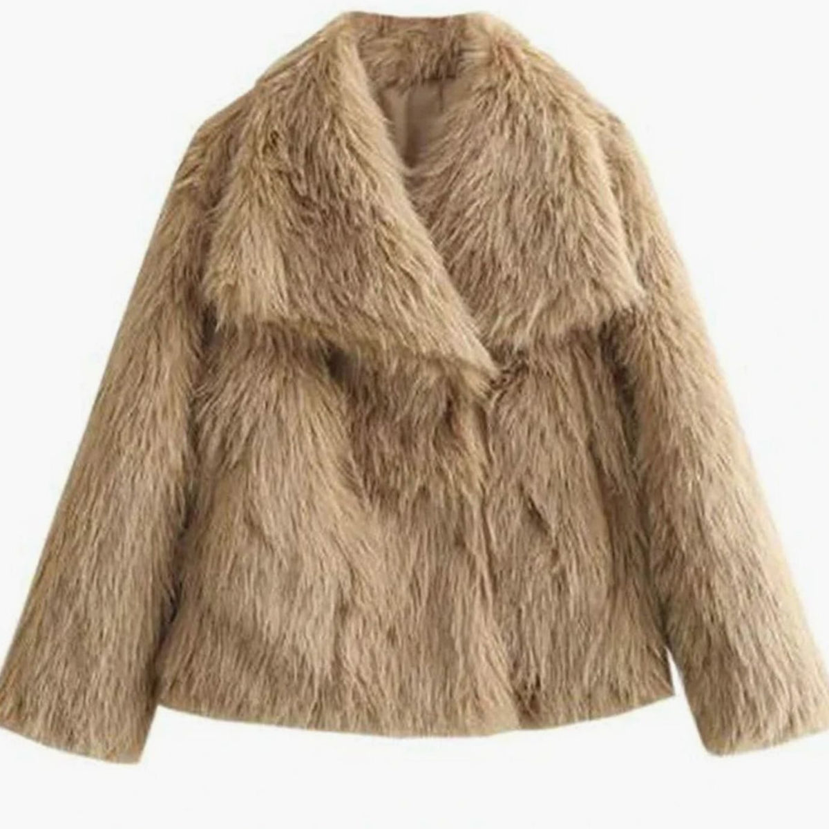 Women's Plush Faux Fur Jacket Open Front Relaxed – Beige