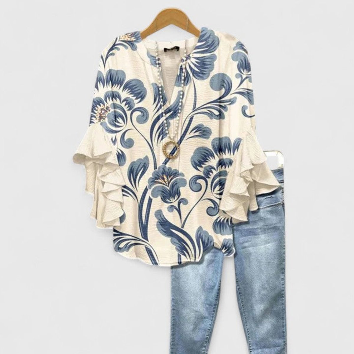Women's Floral V-Neck Blouse with Layered Ruffle Sleeves – White Blue