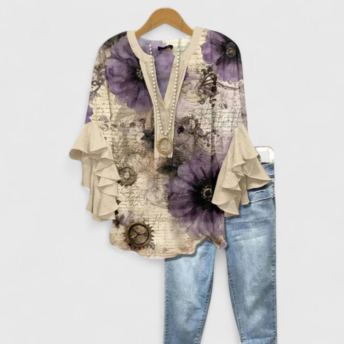 Women's Floral V-Neck Blouse with Layered Ruffle Sleeves – Beige