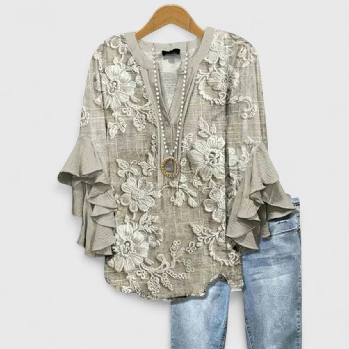 Women's Floral V-Neck Blouse with Layered Ruffle Sleeves – Light Brown