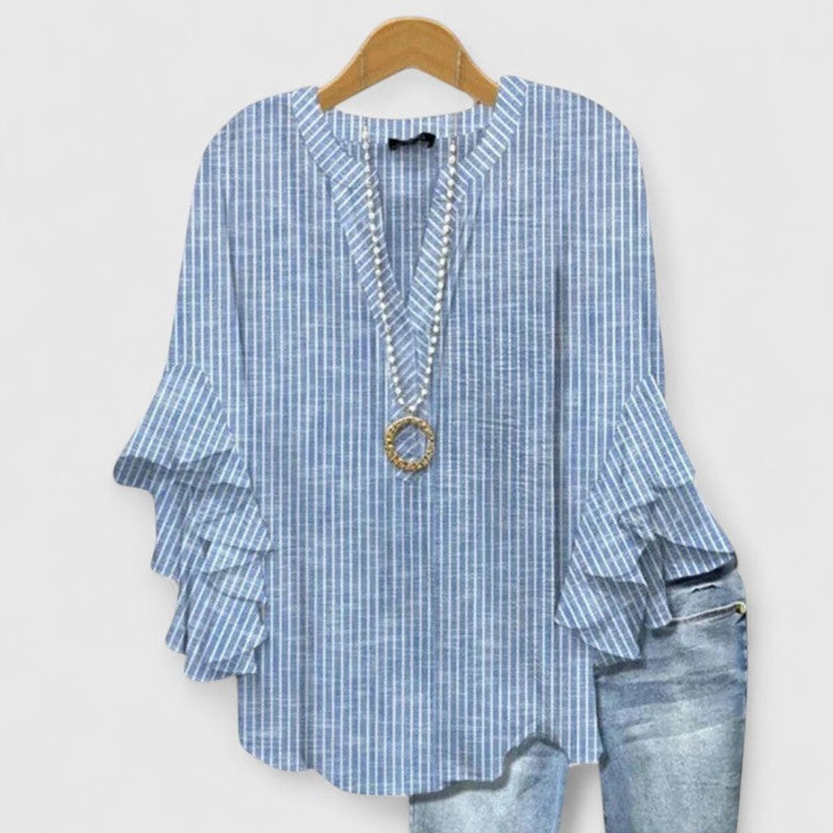 Women's Floral V-Neck Blouse with Layered Ruffle Sleeves – Blue