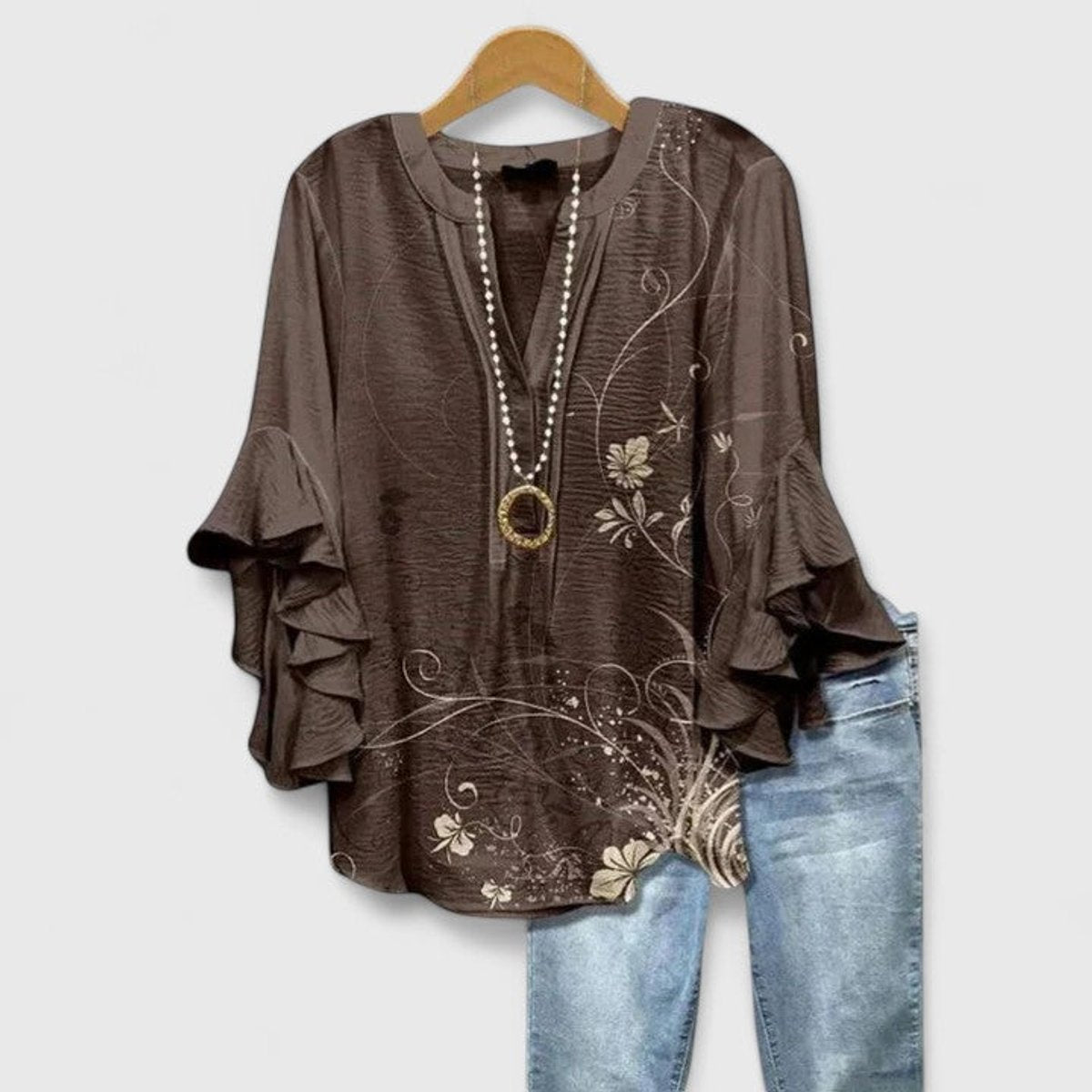 Women's Floral V-Neck Blouse with Layered Ruffle Sleeves – Brown