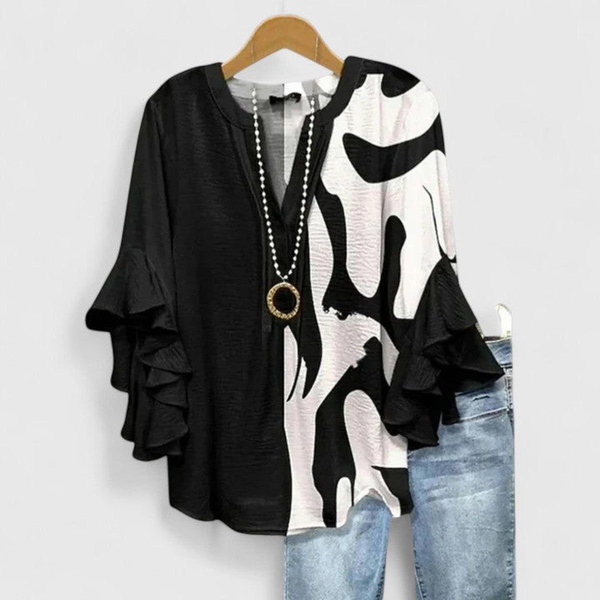 Women's Floral V-Neck Blouse with Layered Ruffle Sleeves – Black