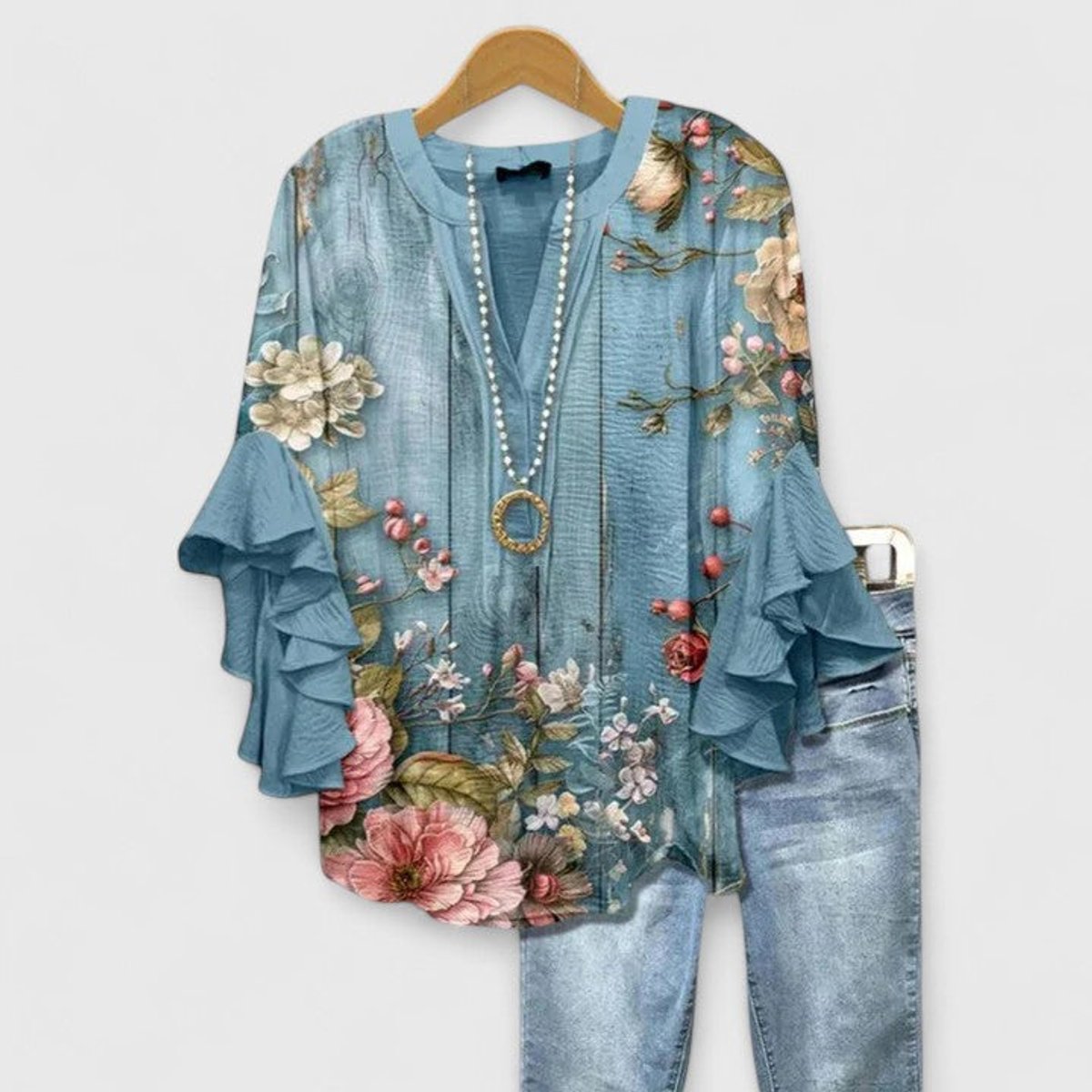 Women's Floral V-Neck Blouse with Layered Ruffle Sleeves – Floral Blue