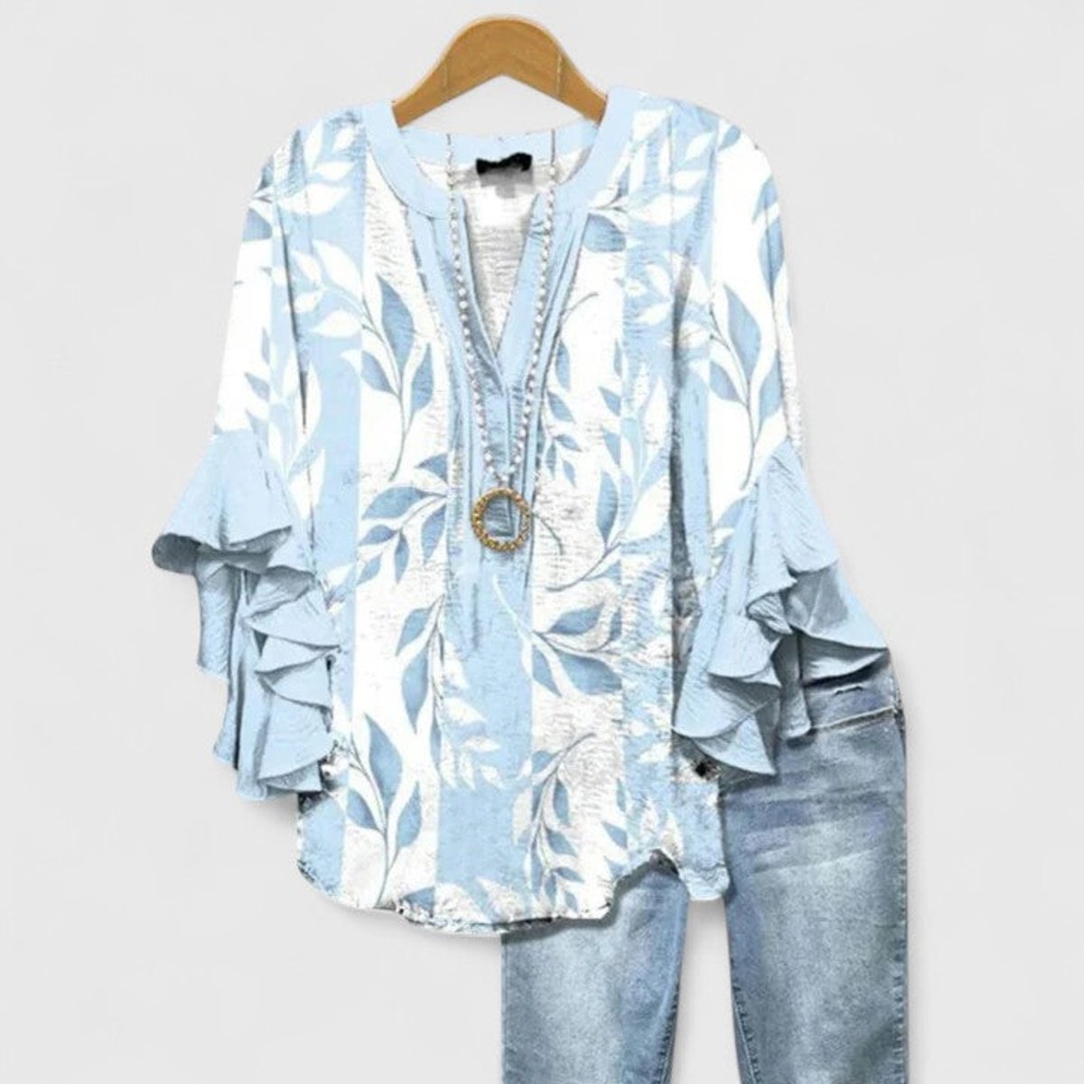 Women's Floral V-Neck Blouse with Layered Ruffle Sleeves – Light Blue