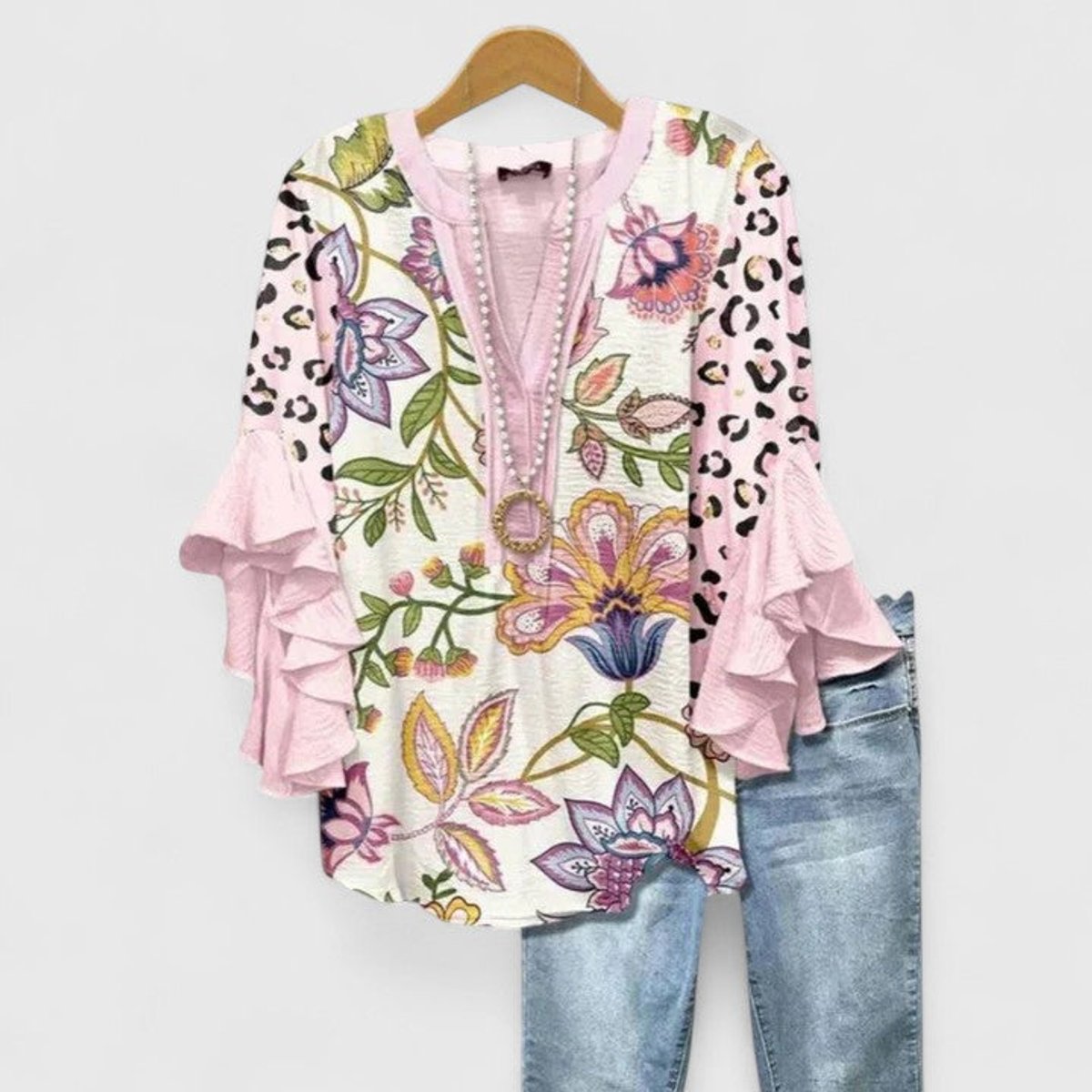 Women's Floral V-Neck Blouse with Layered Ruffle Sleeves – Pink