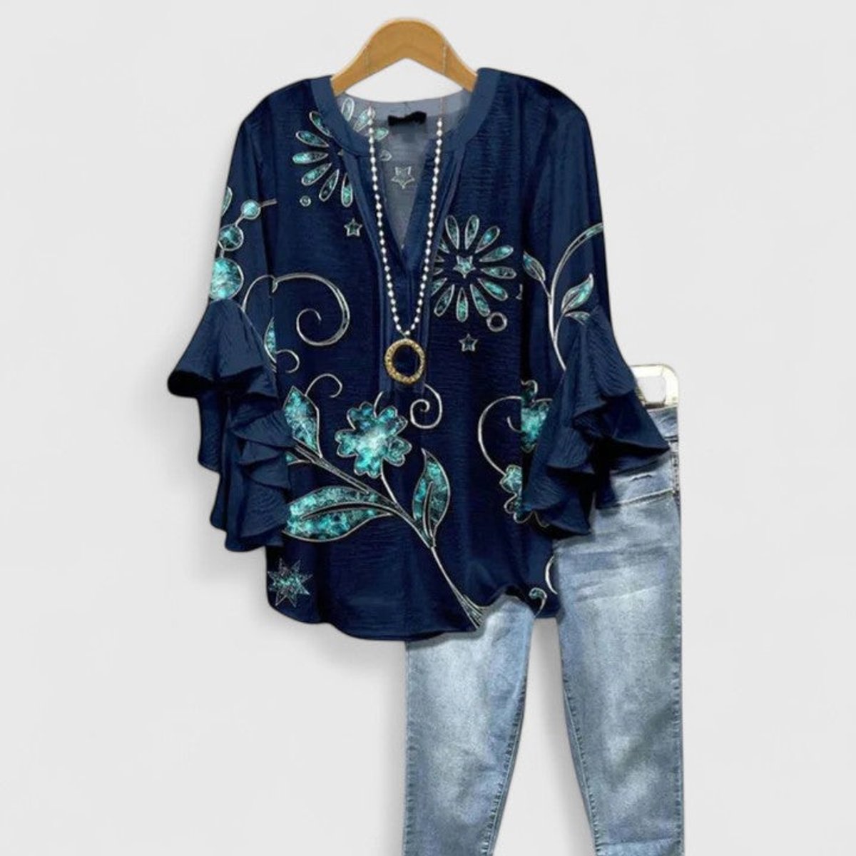 Women's Floral V-Neck Blouse with Layered Ruffle Sleeves – Dark Blue