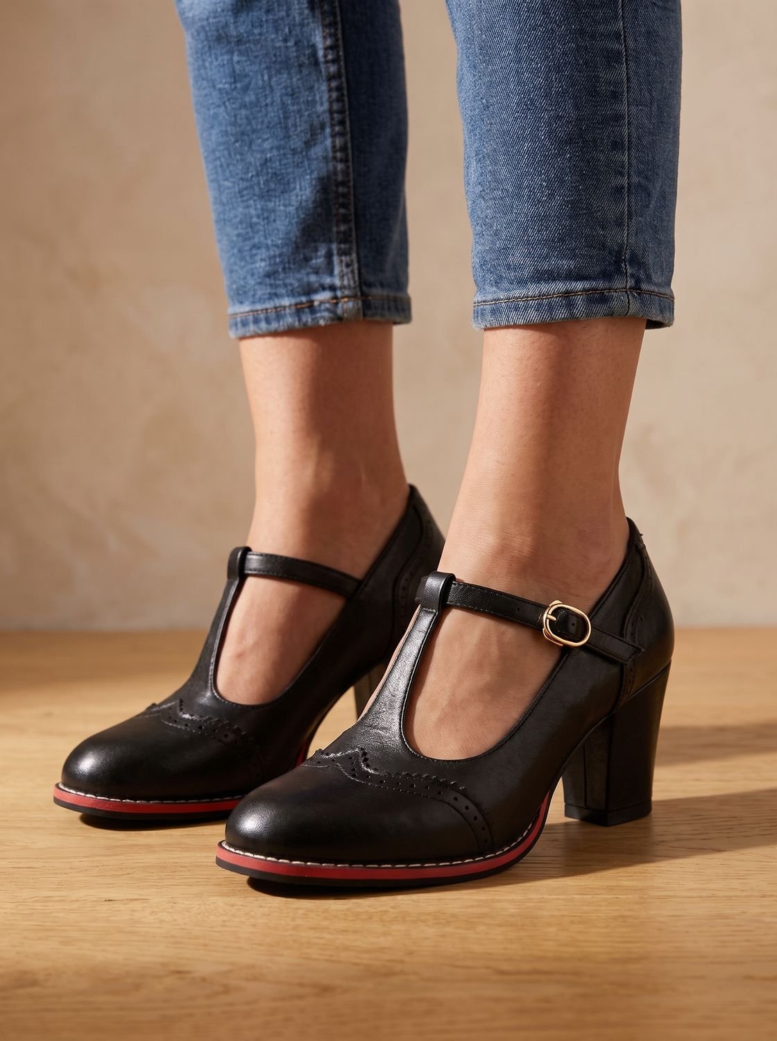 Women's Wingtip T-Strap Court Shoes with Contrast Sole