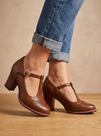 Women's Wingtip T-Strap Court Shoes with Contrast Sole
