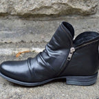 Women's Ruched Leather Ankle Boots on Low Stacked Heel – Black