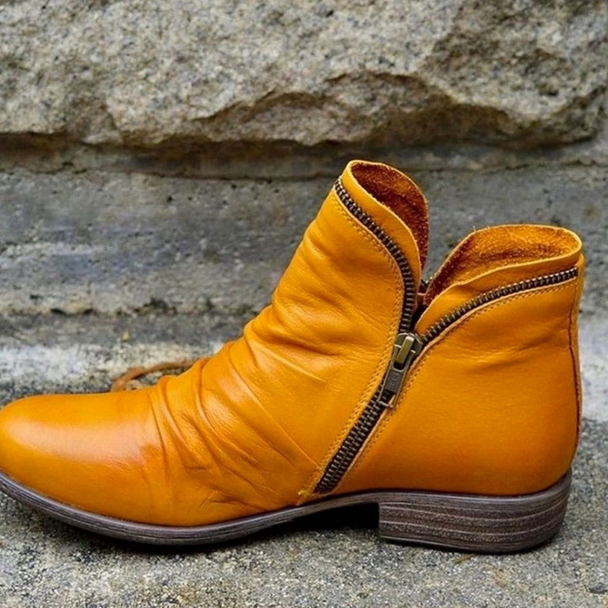 Women's Ruched Leather Ankle Boots on Low Stacked Heel – Yellow