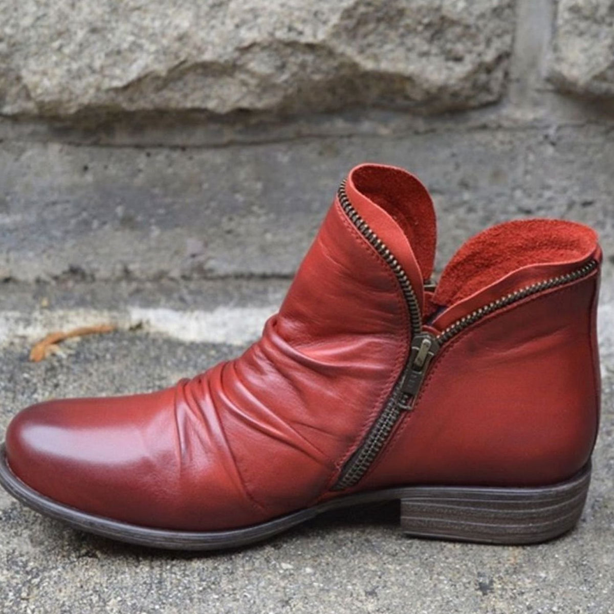 Women's Ruched Leather Ankle Boots on Low Stacked Heel – Red