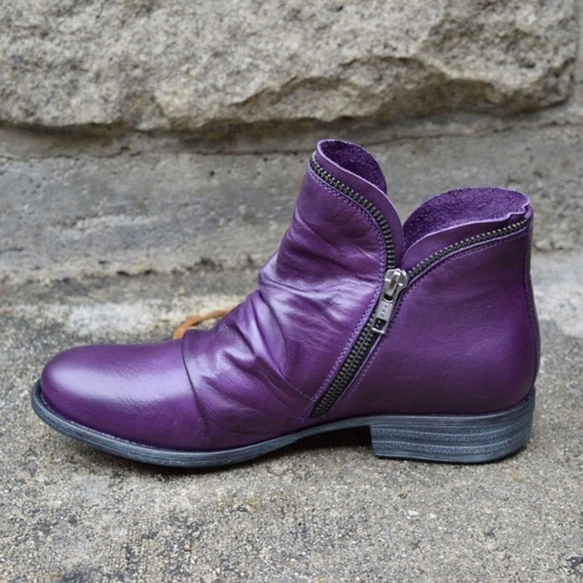 Women's Ruched Leather Ankle Boots on Low Stacked Heel – Purple