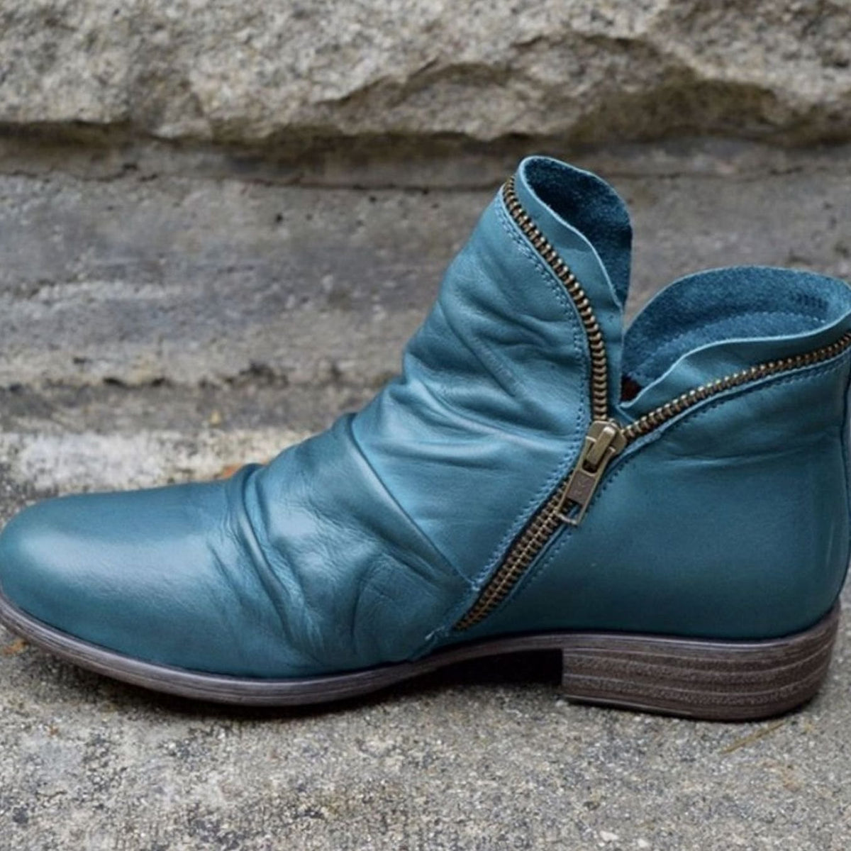 Women's Ruched Leather Ankle Boots on Low Stacked Heel – Blue