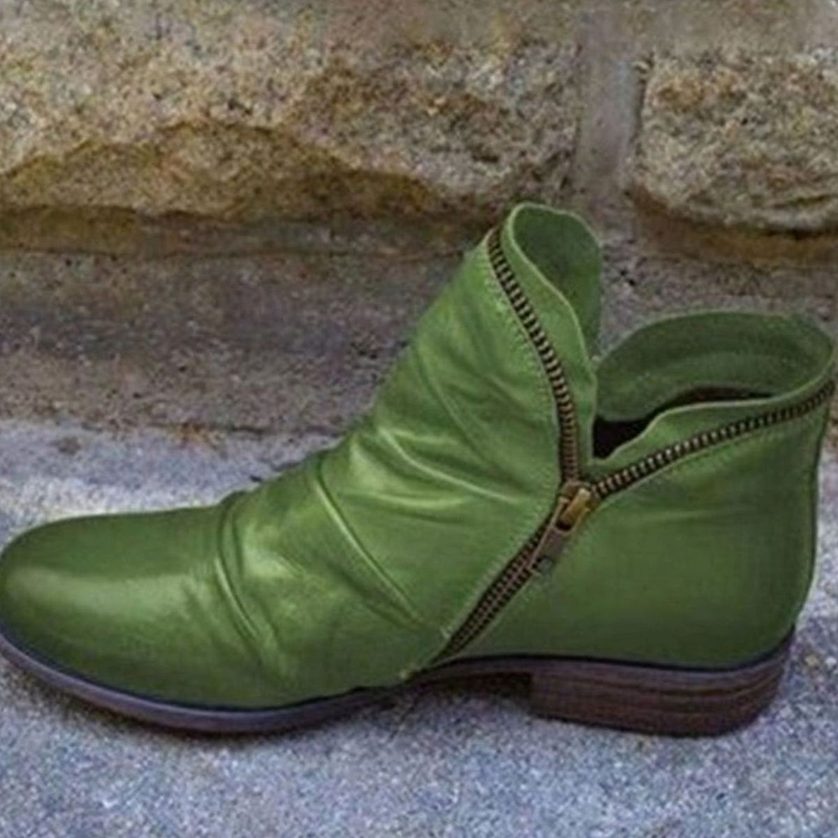Women's Ruched Leather Ankle Boots on Low Stacked Heel – Green