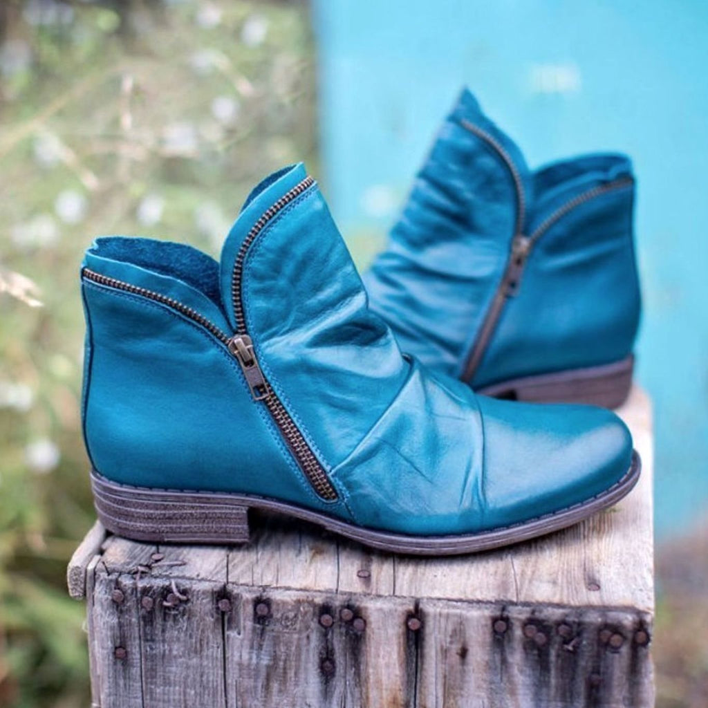 Women's Ruched Leather Ankle Boots on Low Stacked Heel