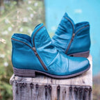 Women's Ruched Leather Ankle Boots on Low Stacked Heel
