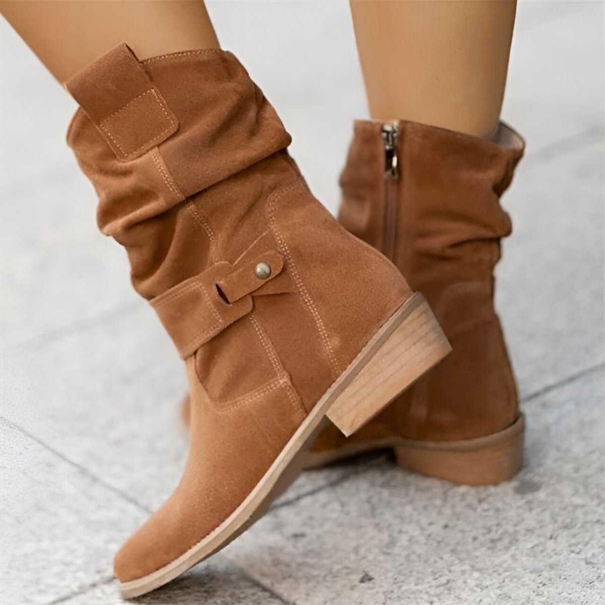 Women's Faux Suede Mid-Calf Boots with Snap Strap – Brown