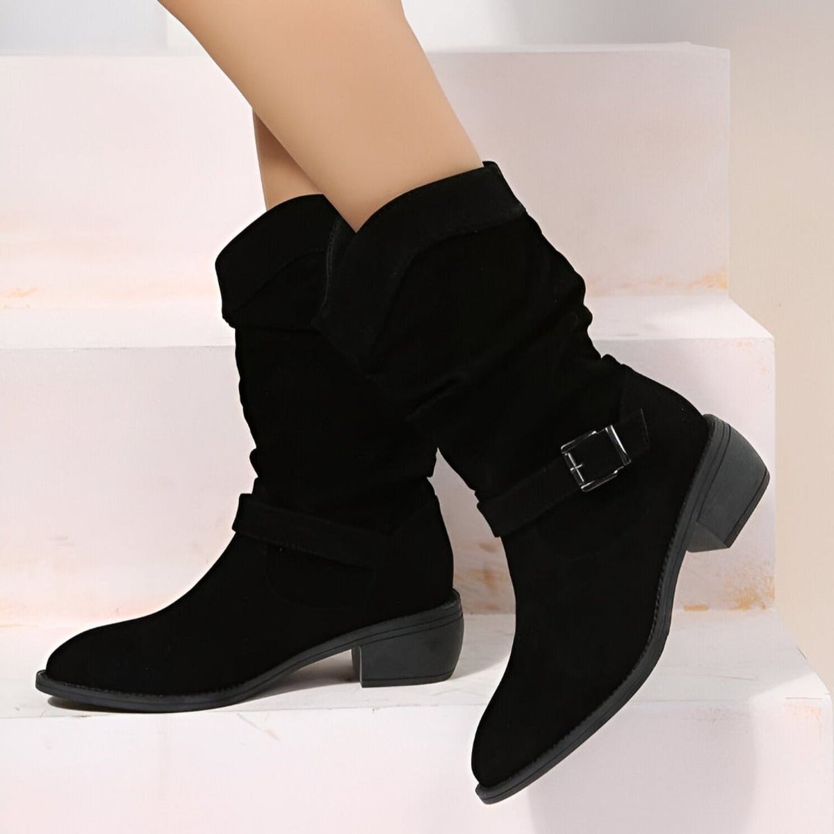 Women's Faux Suede Mid-Calf Boots with Snap Strap – Black