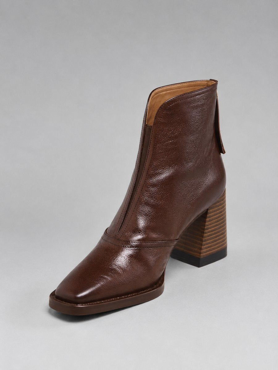 Women's Leather-Look Block Heel Ankle Boots Square Toe – Brown